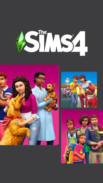 The Sims promotional image showing Sims holding pets including cats and dogs under the text Pet Lovers.